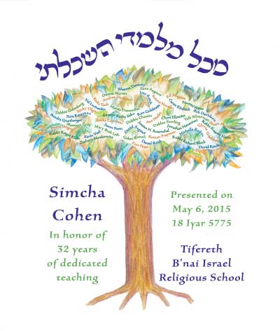 Tree of honor print for a teacher with dedication and spaces for students and colleagues to sign among the leaves